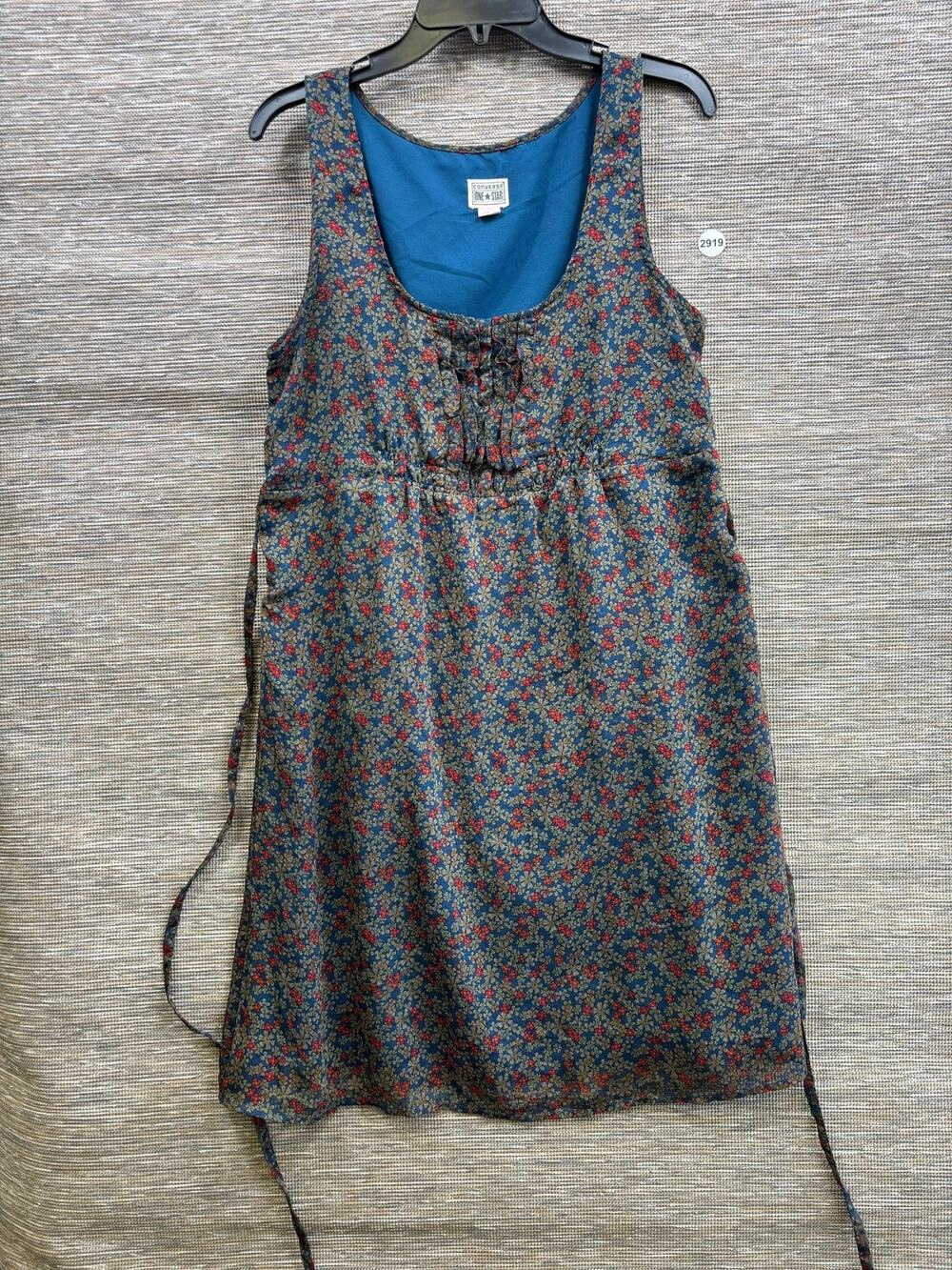 Converse One Star Dress Womens L Blue Floral Sundress Tie Waist Boho Summer